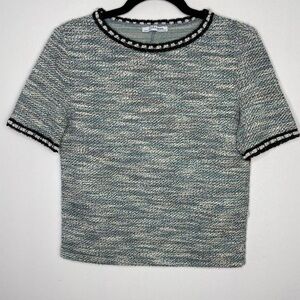 ZARA tweed pearl embellished trim top